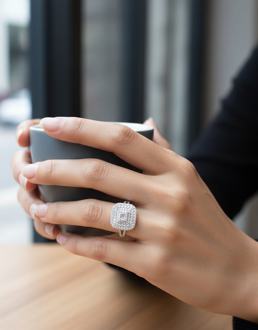Cushion-cut diamond cluster cocktail ring in 18K white gold by Emirates Diamonds