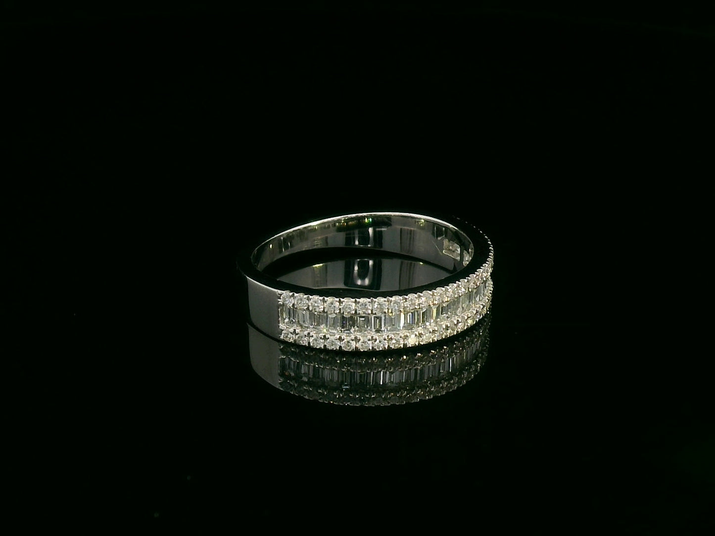 18K white gold diamond band ring with baguette and round diamonds by Emirates Diamonds