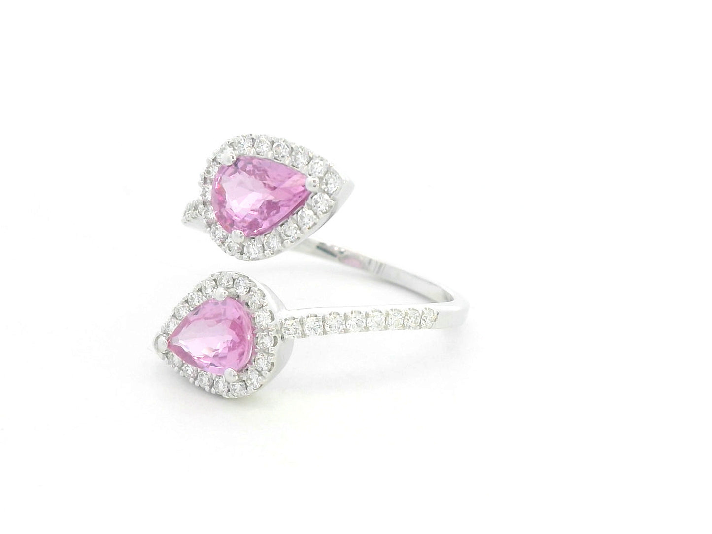 18K white gold open ring with pear-shaped pink sapphires and diamond halos by Emirates Diamonds