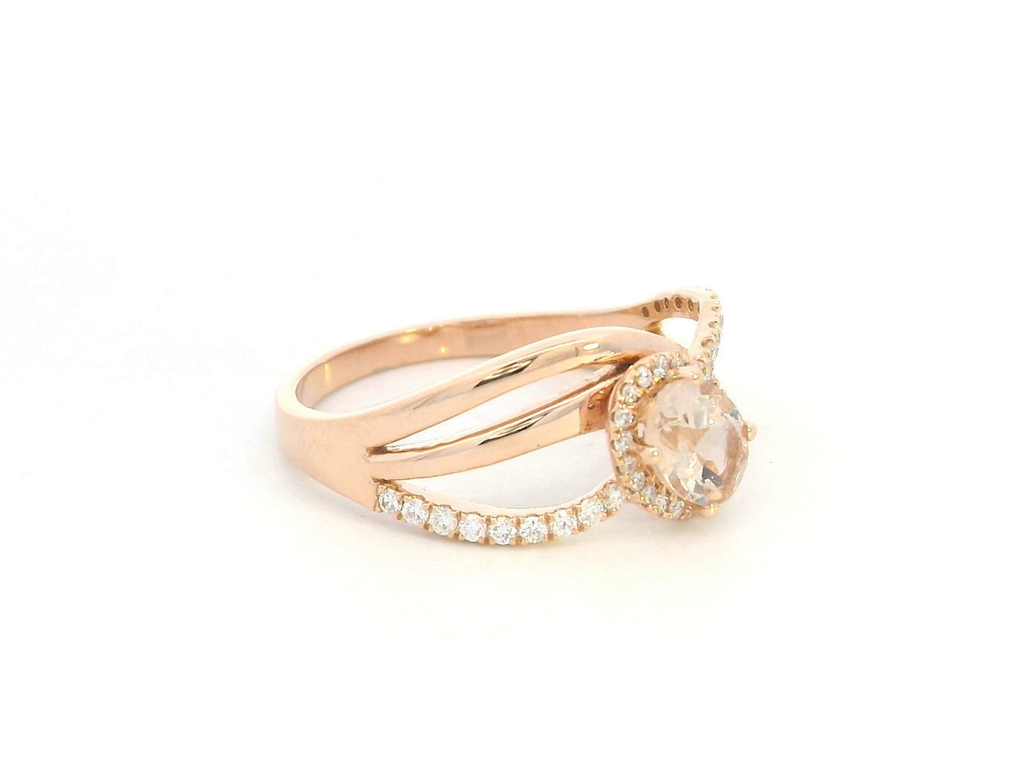 Morganite diamond halo wrap ring in 18K rose gold with oval morganite and diamond accents