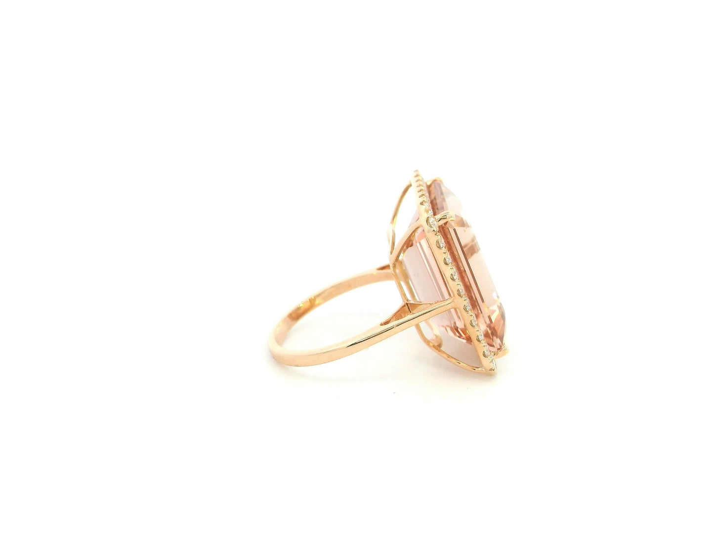 20.15 carat emerald cut Morganite and diamond halo ring in 18K rose gold by Emirates Diamonds