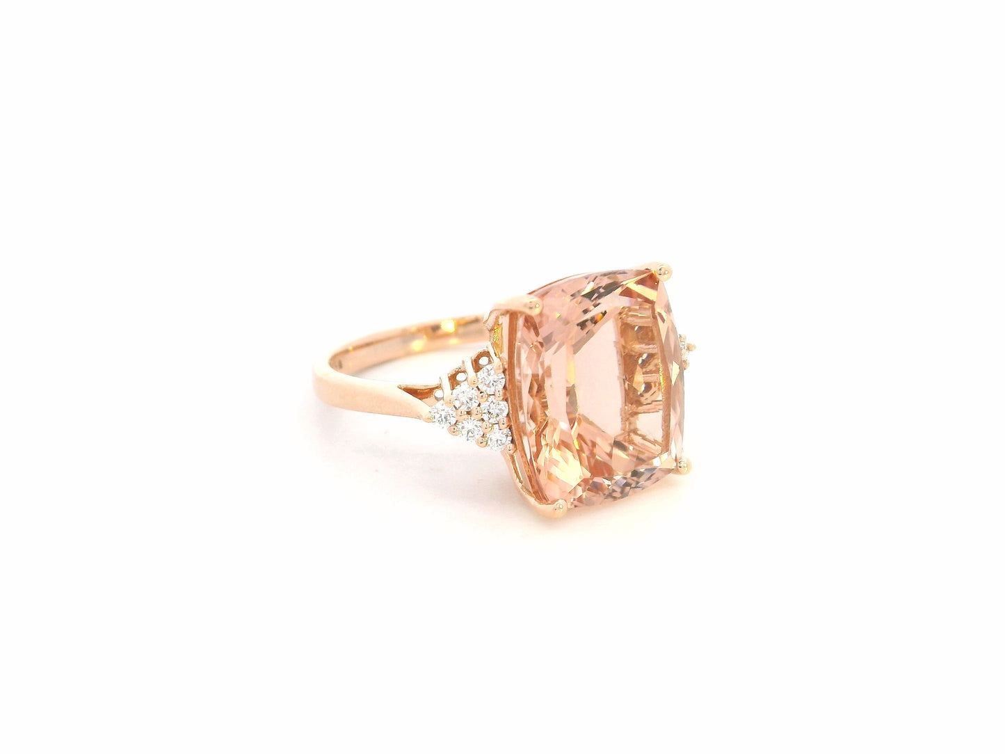 8.55 carat cushion morganite ring with diamond shoulder accents in 18K rose gold by Emirates Diamonds