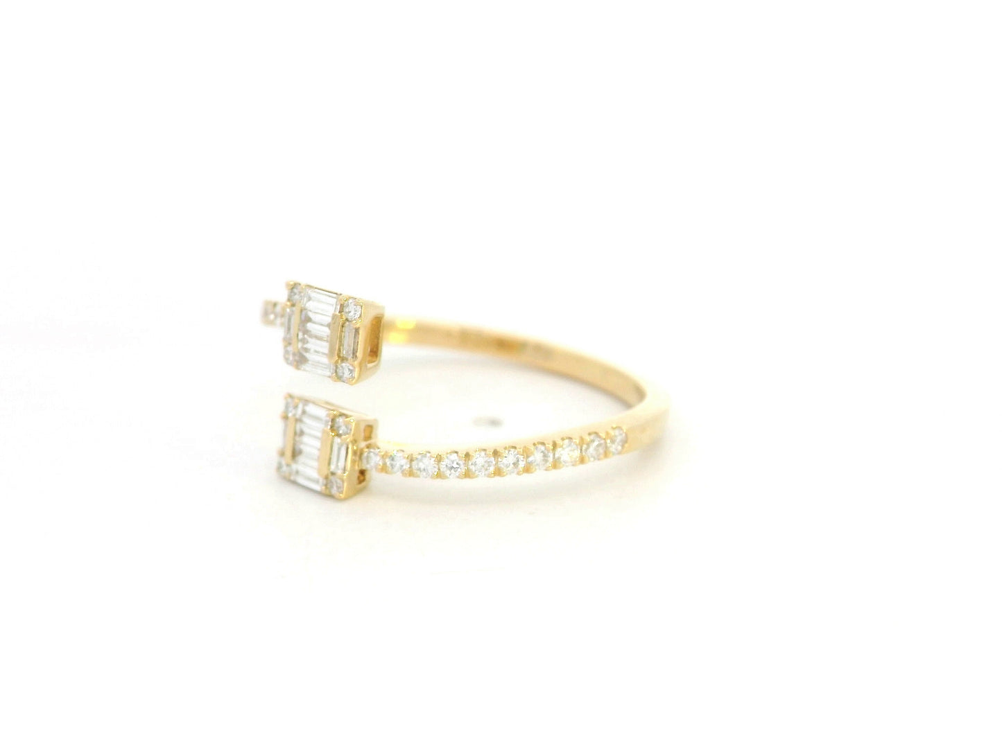 18K yellow gold open bypass ring with baguette and round diamond clusters, modern diamond ring by Emirates Diamonds