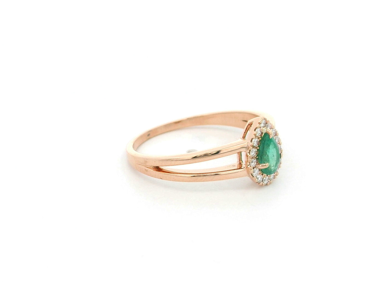Pear emerald and diamond ring in 18K rose gold with open split band design