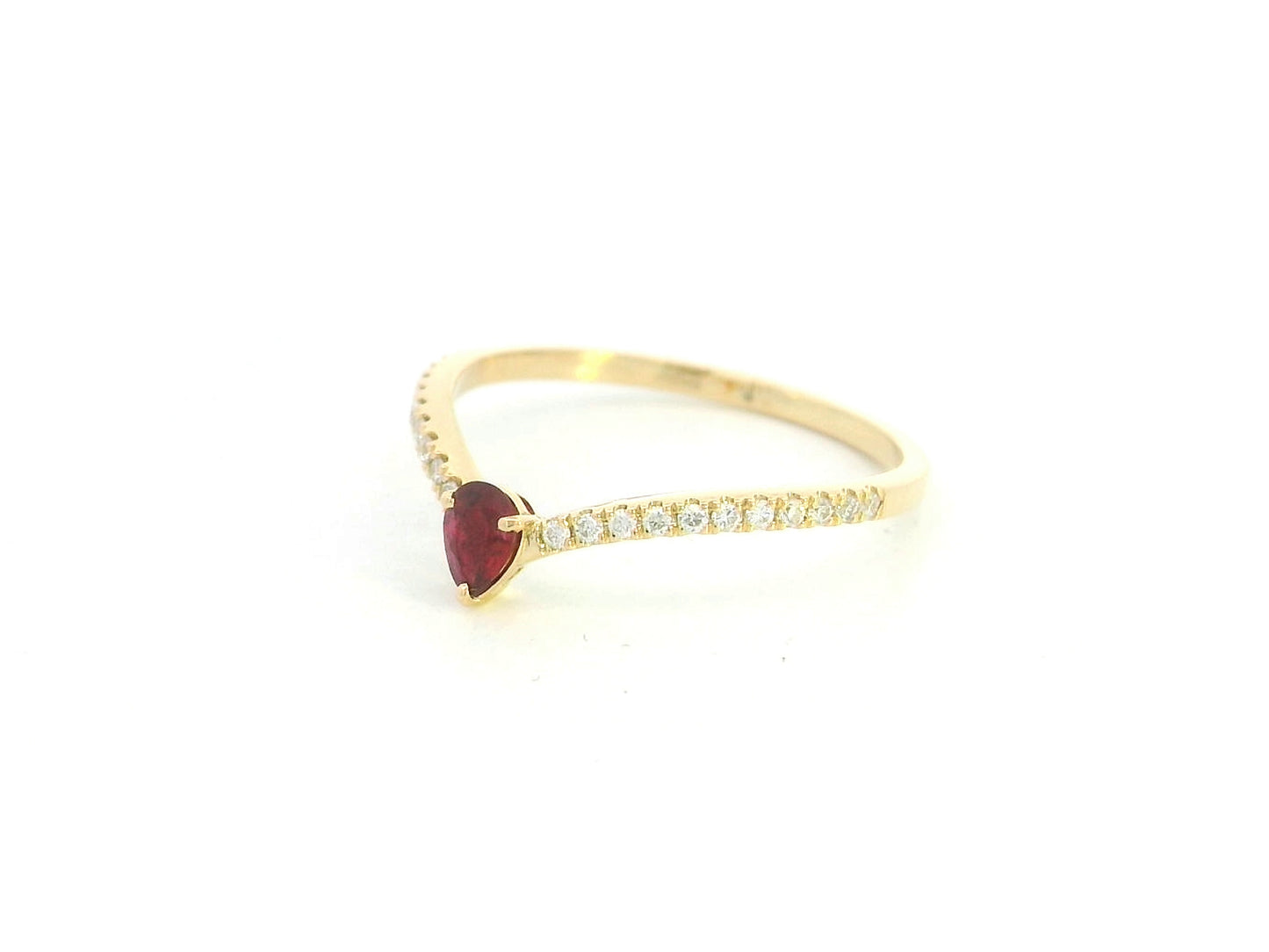 Ruby and diamond chevron ring in 18K yellow gold featuring a 0.19 carat pear-shaped ruby and 0.13 carat diamonds