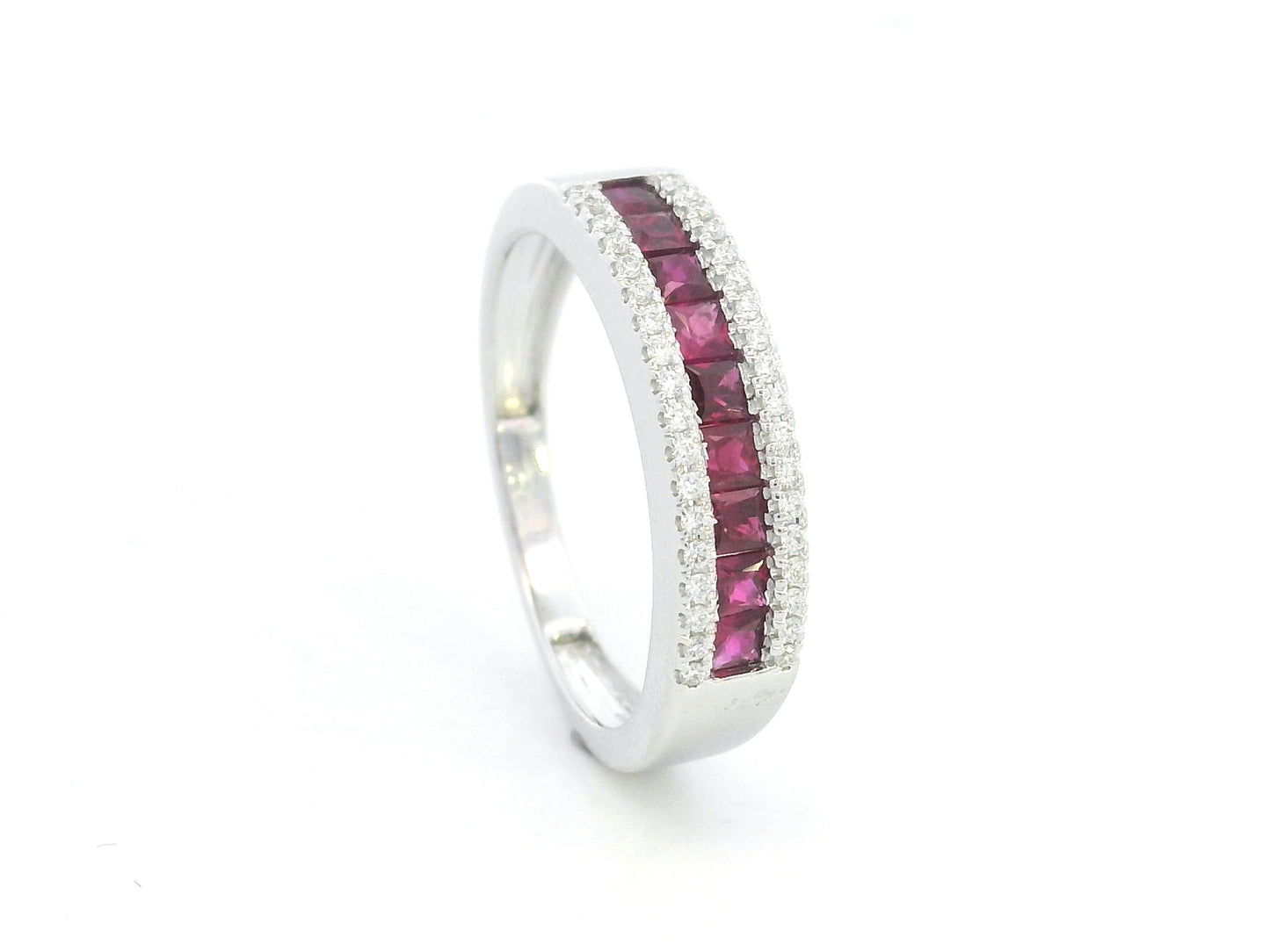 18K white gold ruby and diamond band ring with princess-cut rubies