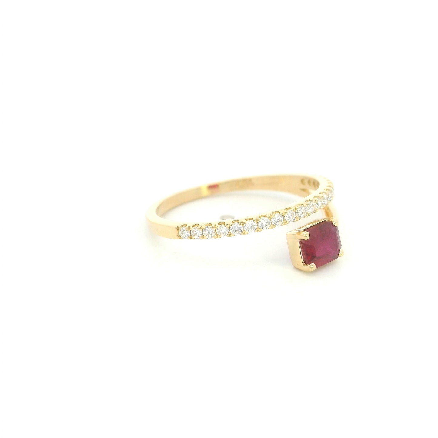 18K Yellow Gold Ruby Bypass Ring with 0.53 Carat Emerald Cut Ruby and 0.17 Carat Natural Diamonds