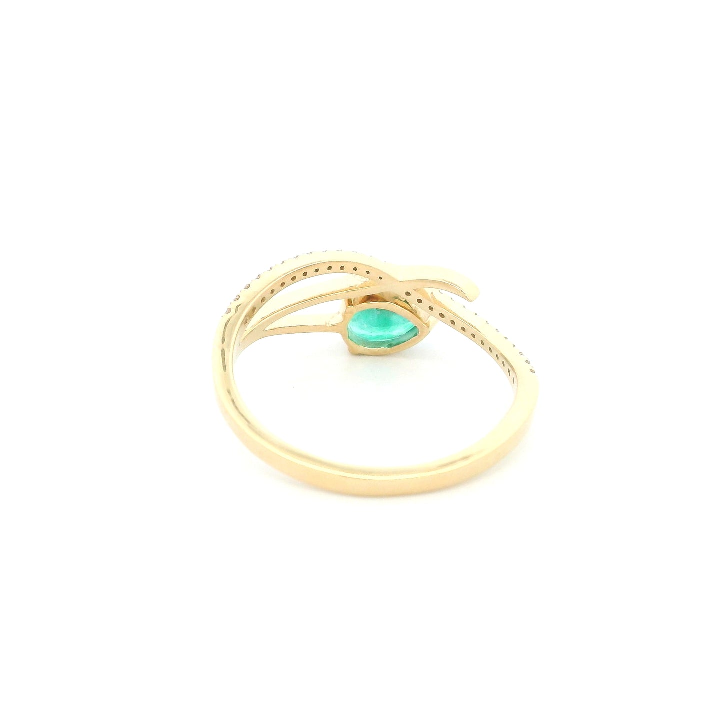 18K yellow gold emerald crossover ring featuring a 0.51 carat natural emerald and 0.09 carat natural diamond accent band.