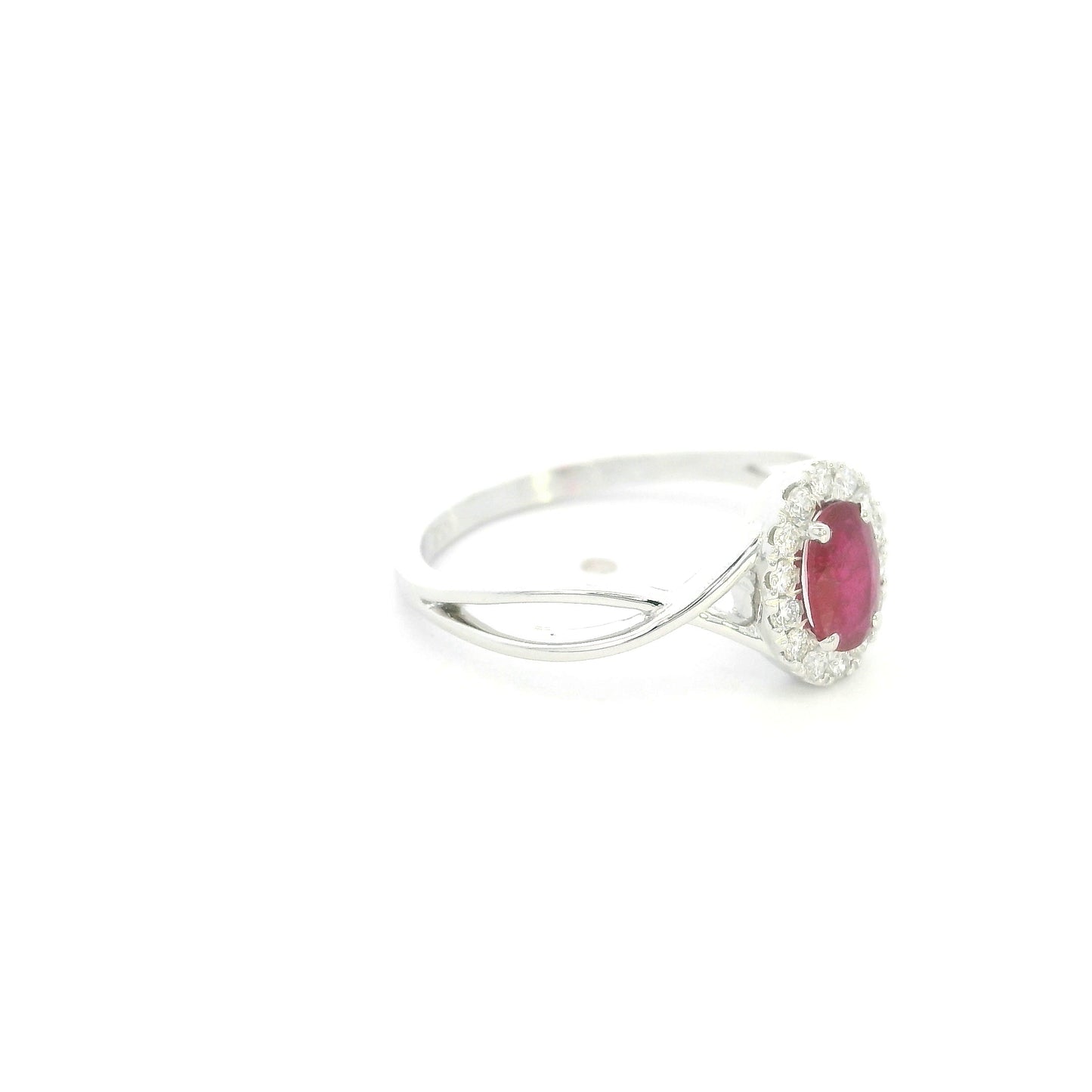 18K White Gold Ruby Halo Ring with 0.52 Carat Oval Ruby and Natural Diamond Halo