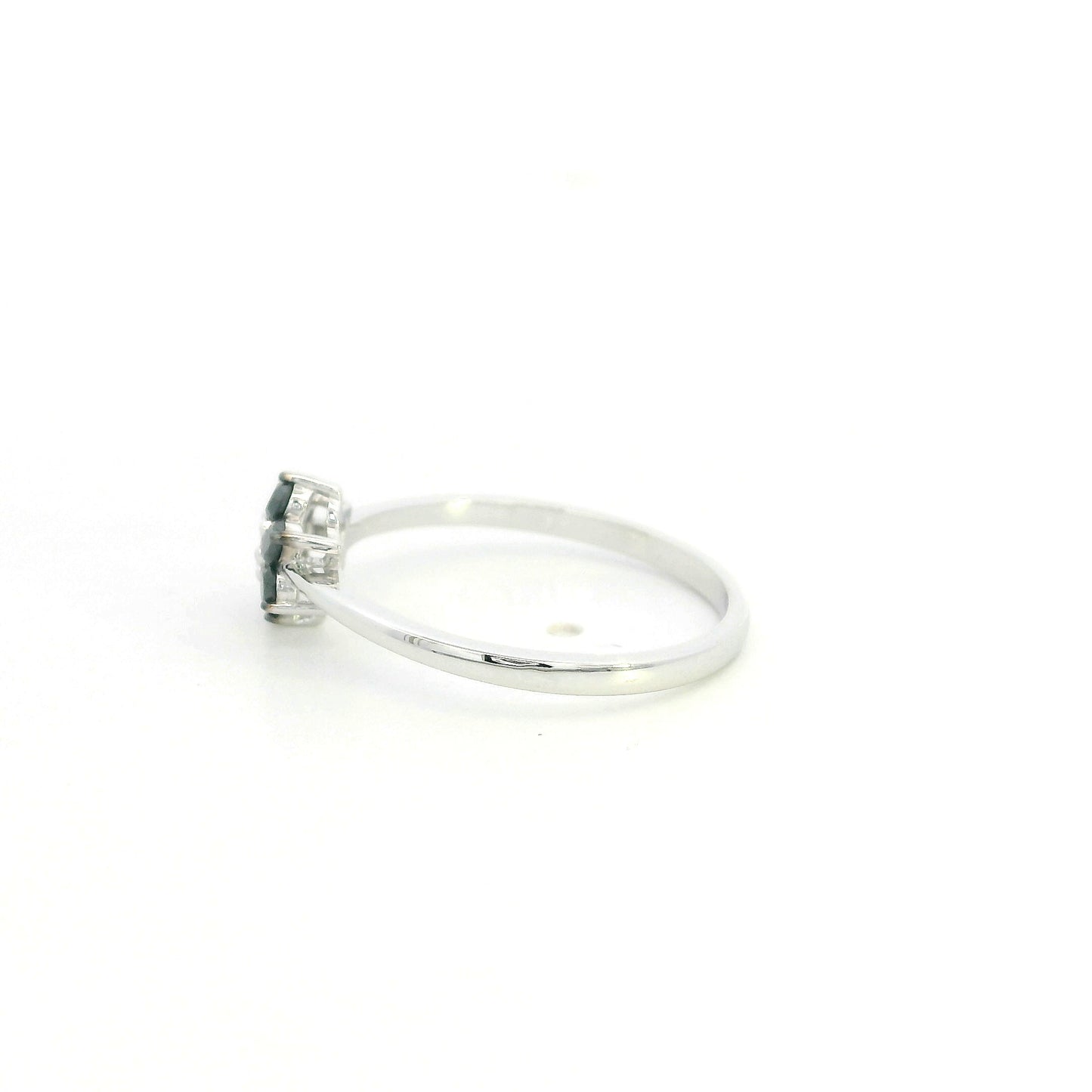 Black diamond flower ring in 18K white gold with black diamond petals and white diamond centre