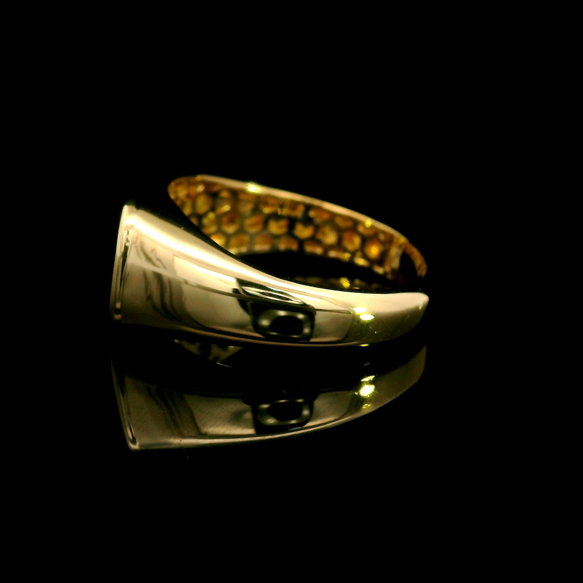 18K yellow gold pavé diamond signet ring with a rectangular diamond-set top and polished tapered band.