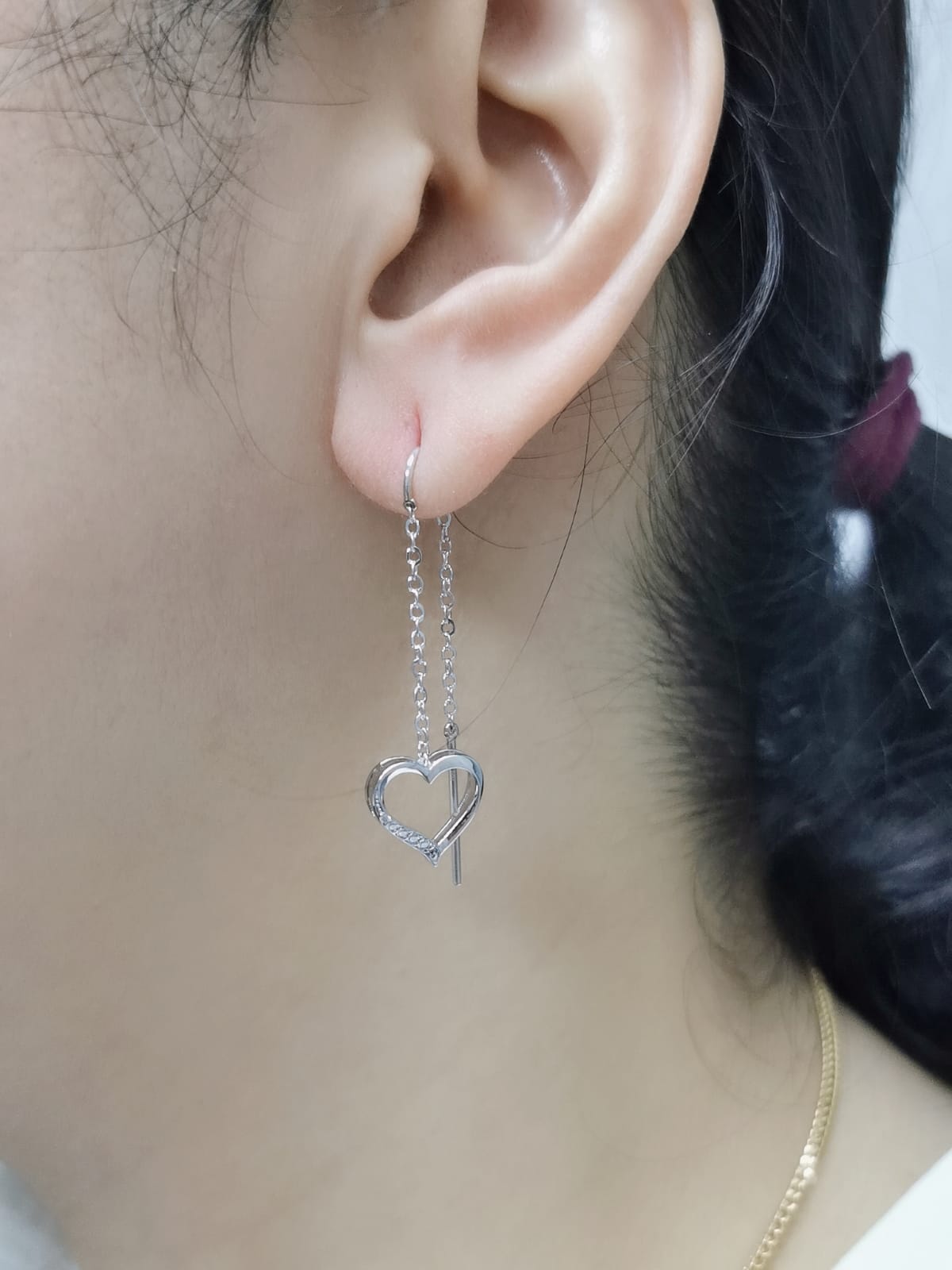 Needle And Thread Earrings With Heart Charms In 18k White Gold.