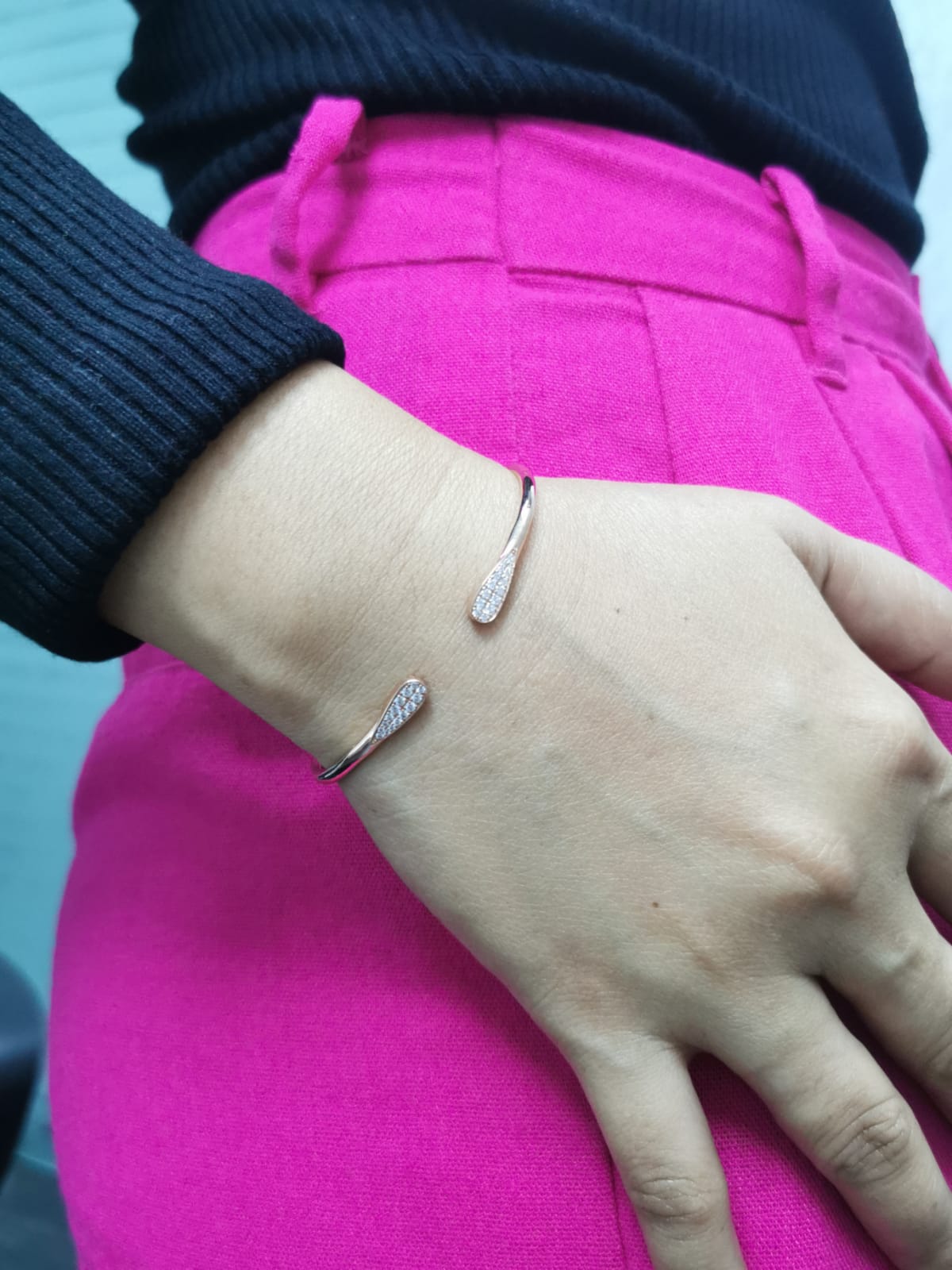 Open Cuff Diamond Bangle In 18k Rose Gold.