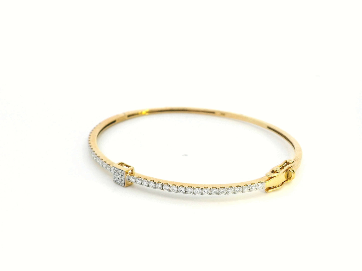 18K yellow gold diamond bangle bracelet with square diamond centerpiece and 0.92 carats of diamonds