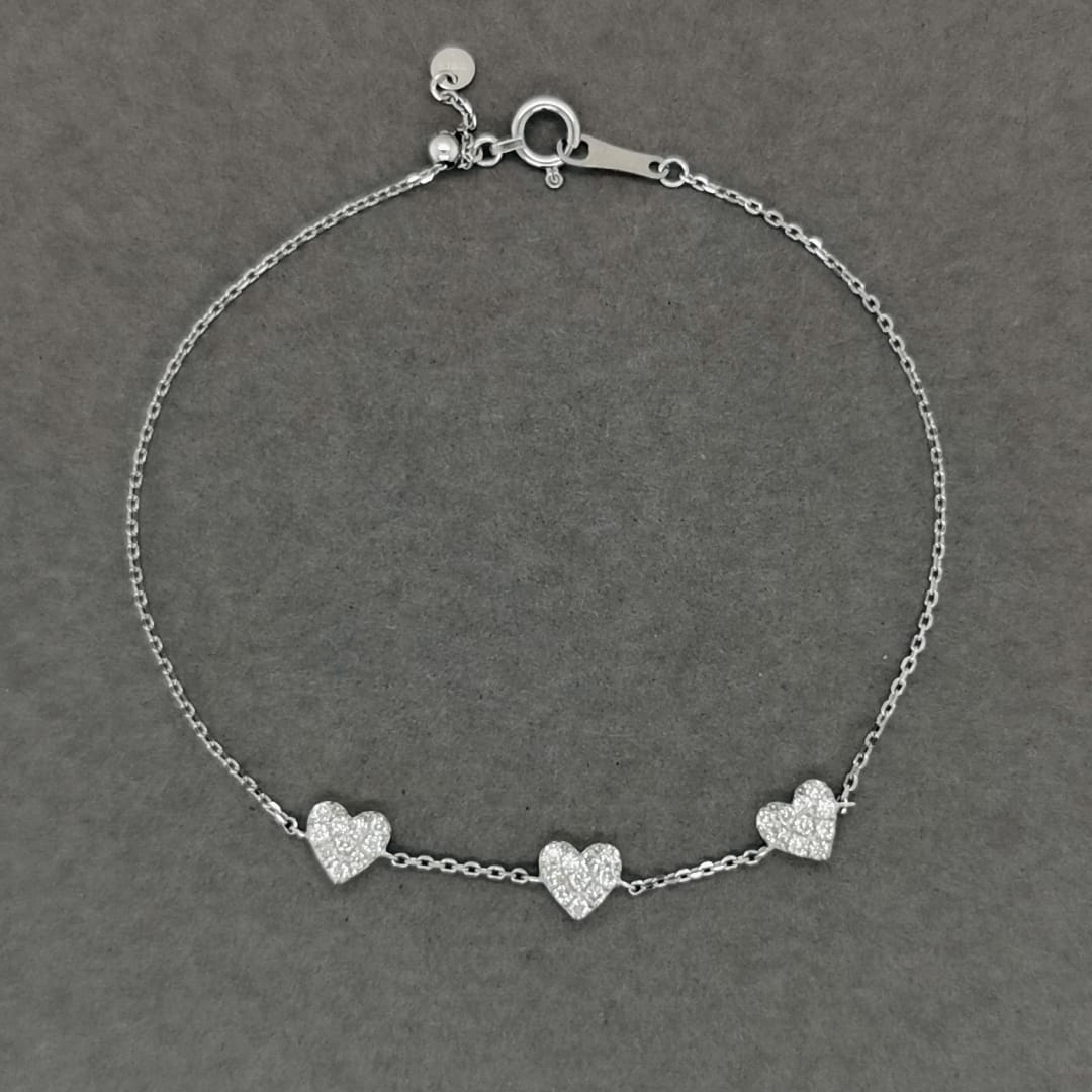 Triple Heart Chain Bracelet In 18k White Gold.
