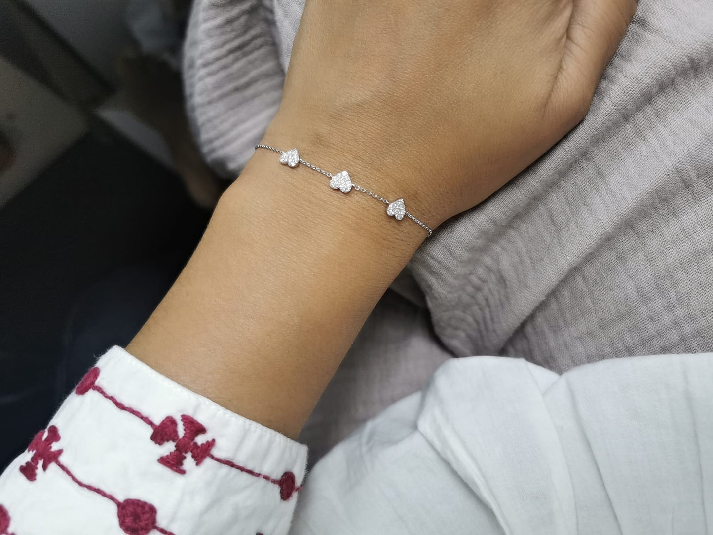 Triple Heart Chain Bracelet In 18k White Gold.