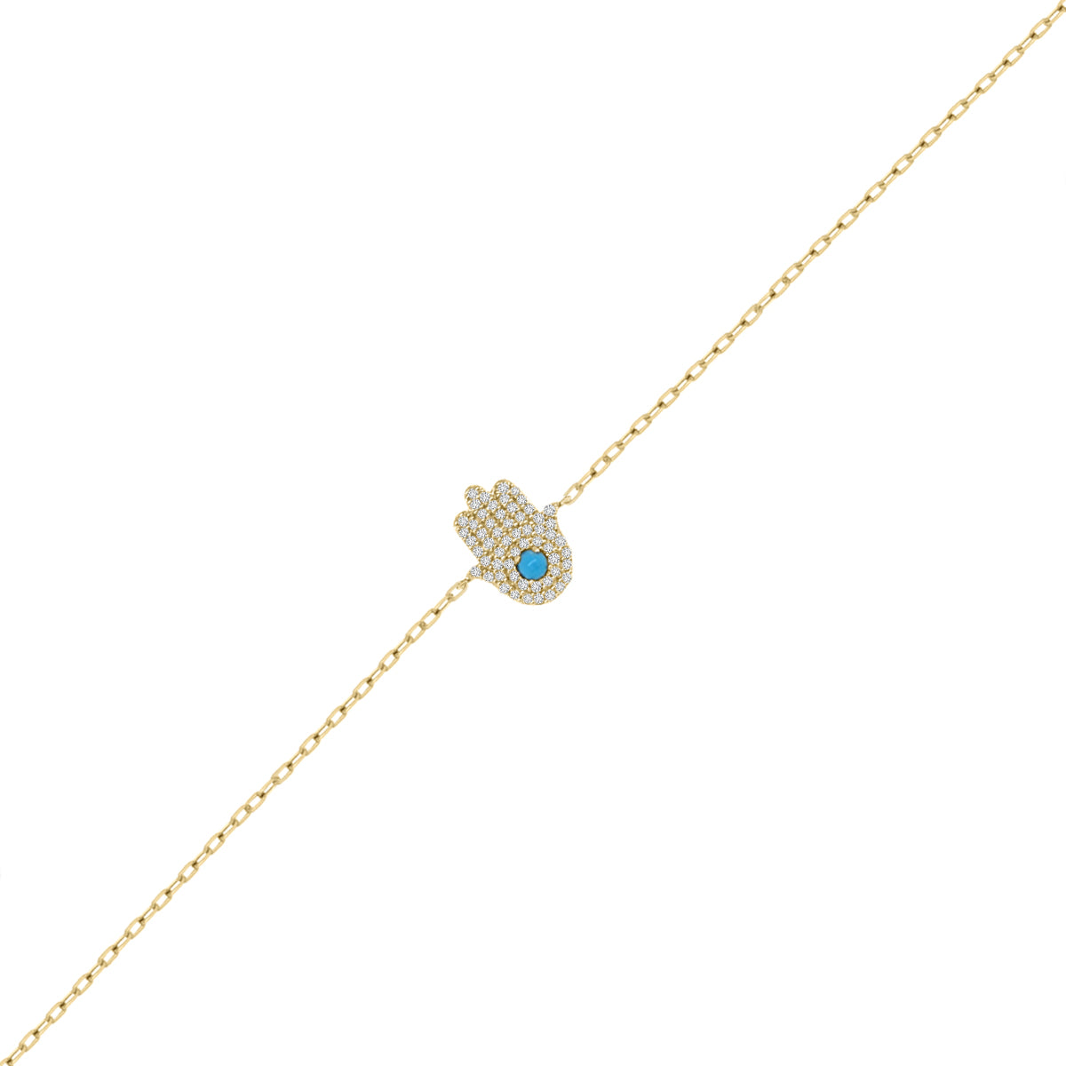 18K Yellow Gold Hamza Hand Bracelet with Diamonds and Turquoise