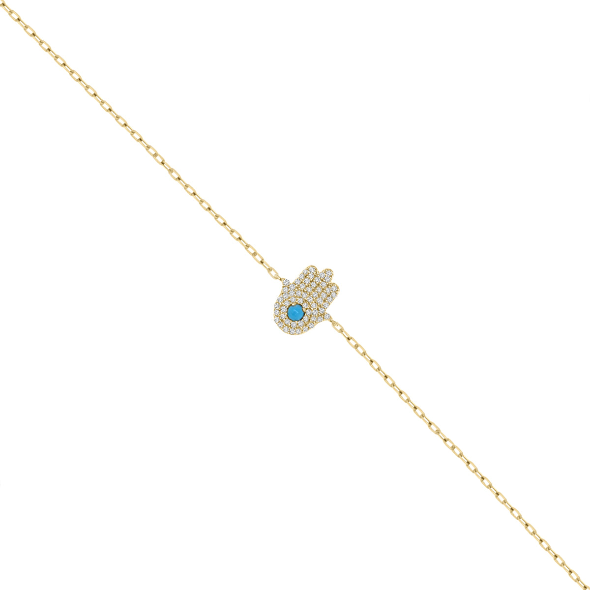 18K Yellow Gold Hamza Hand Bracelet with Diamonds and Turquoise
