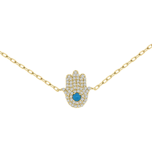 18K Yellow Gold Hamza Hand Bracelet with Diamonds and Turquoise
