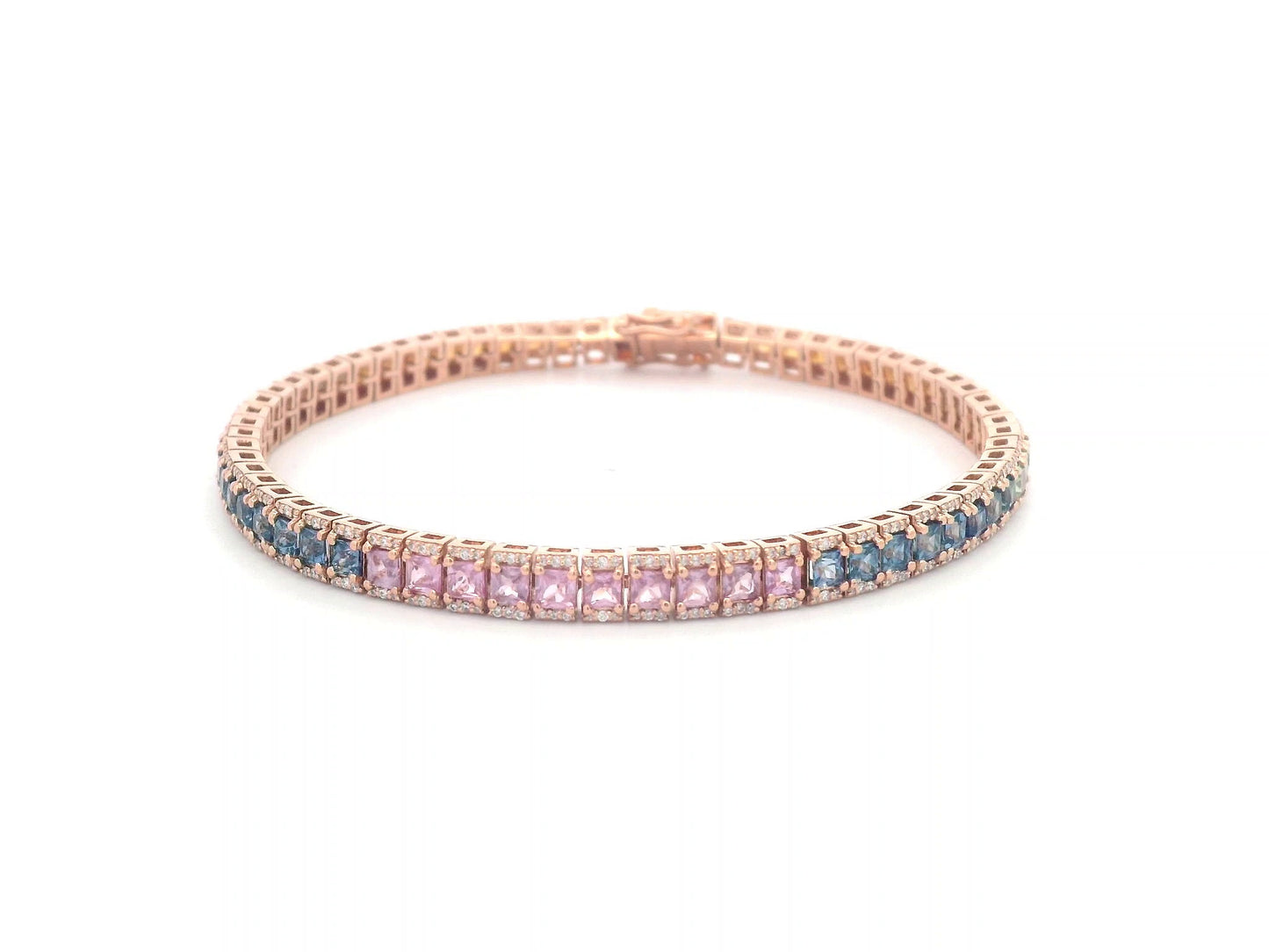 18K Rose Gold Tennis Bracelet with Square-Cut Rainbow Sapphires and Diamond Accents – 6.88ct Sapphires, 0.66ct Diamonds