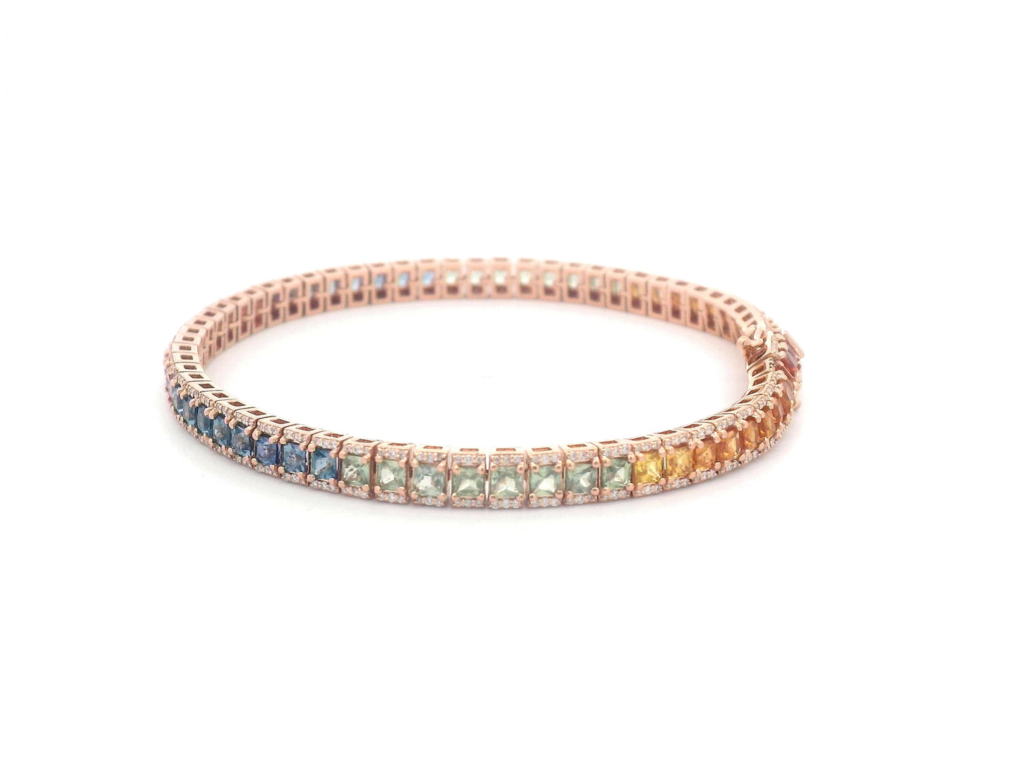 18K Rose Gold Tennis Bracelet with Square-Cut Rainbow Sapphires and Diamond Accents – 6.88ct Sapphires, 0.66ct Diamonds
