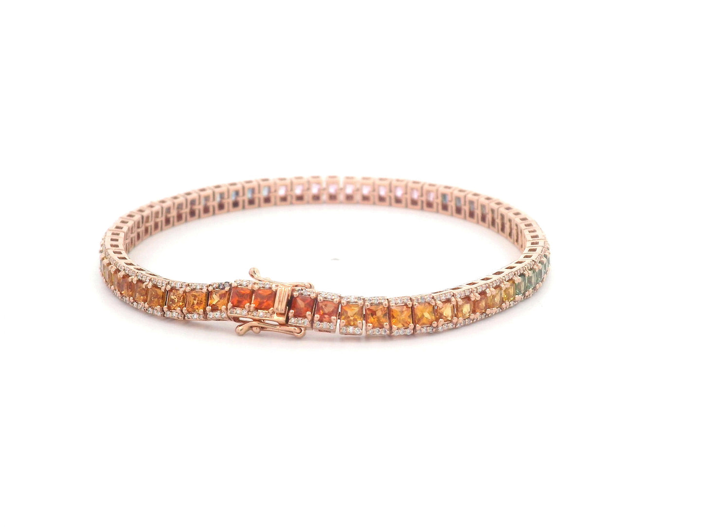 18K Rose Gold Tennis Bracelet with Square-Cut Rainbow Sapphires and Diamond Accents – 6.88ct Sapphires, 0.66ct Diamonds