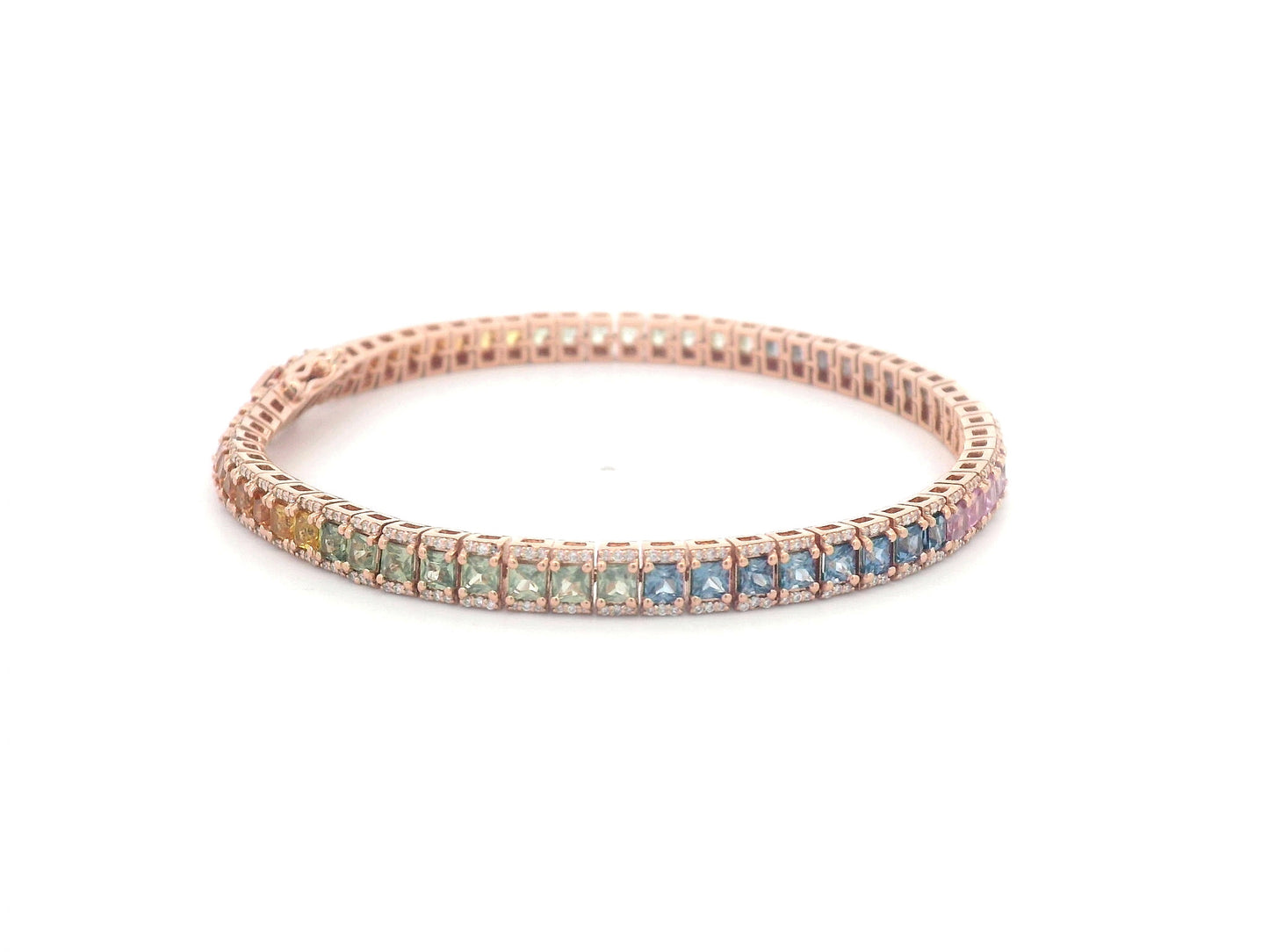 18K Rose Gold Tennis Bracelet with Square-Cut Rainbow Sapphires and Diamond Accents – 6.88ct Sapphires, 0.66ct Diamonds