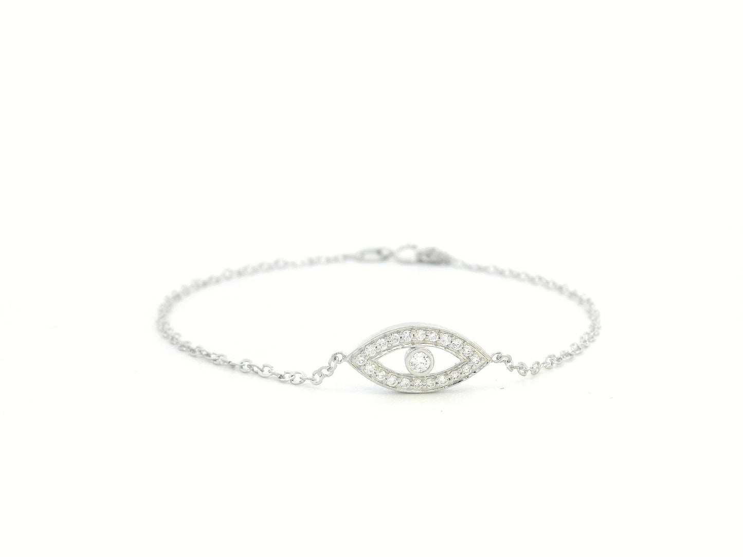 18K white gold evil eye bracelet with 0.14 carat diamonds on a delicate chain