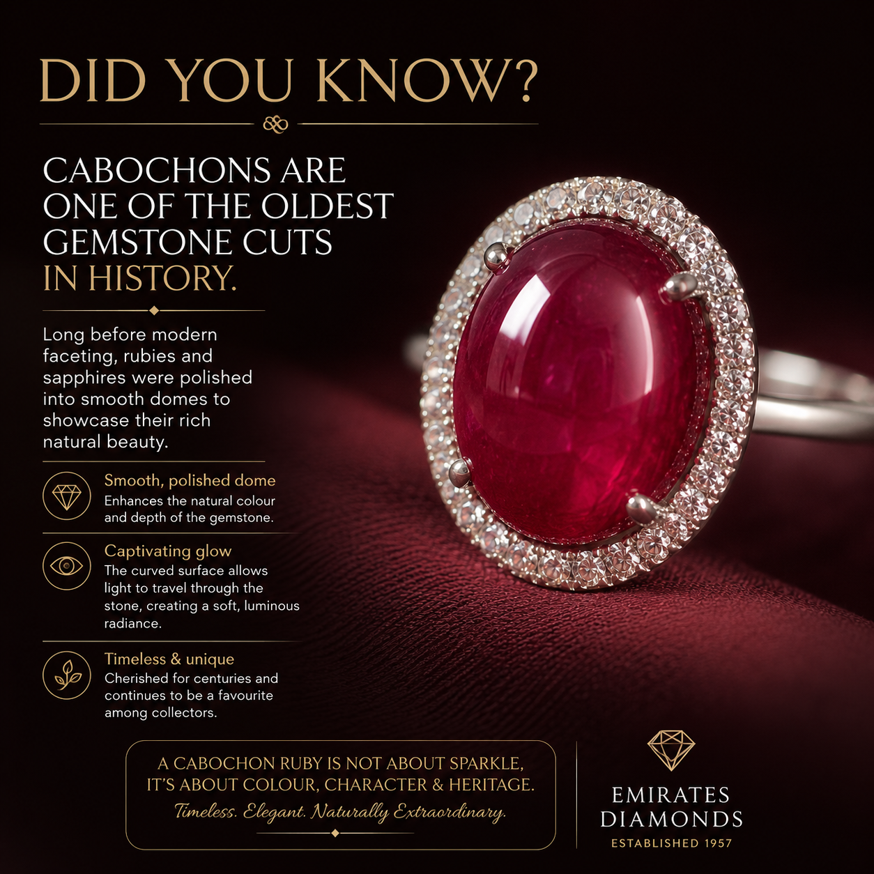 Ruby Ring in 18K White Gold. Cabochon Ruby Diamond Halo Ring