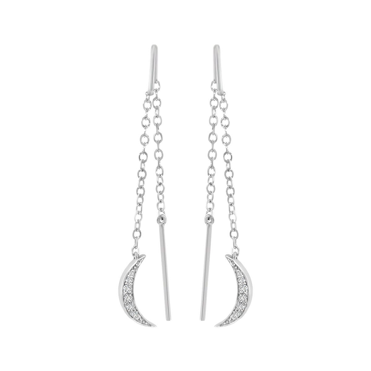 Needle And Thread Earrings With Half Moon Charm In 18k White Gold.