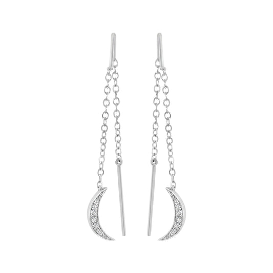 Needle And Thread Earrings With Half Moon Charm In 18k White Gold.