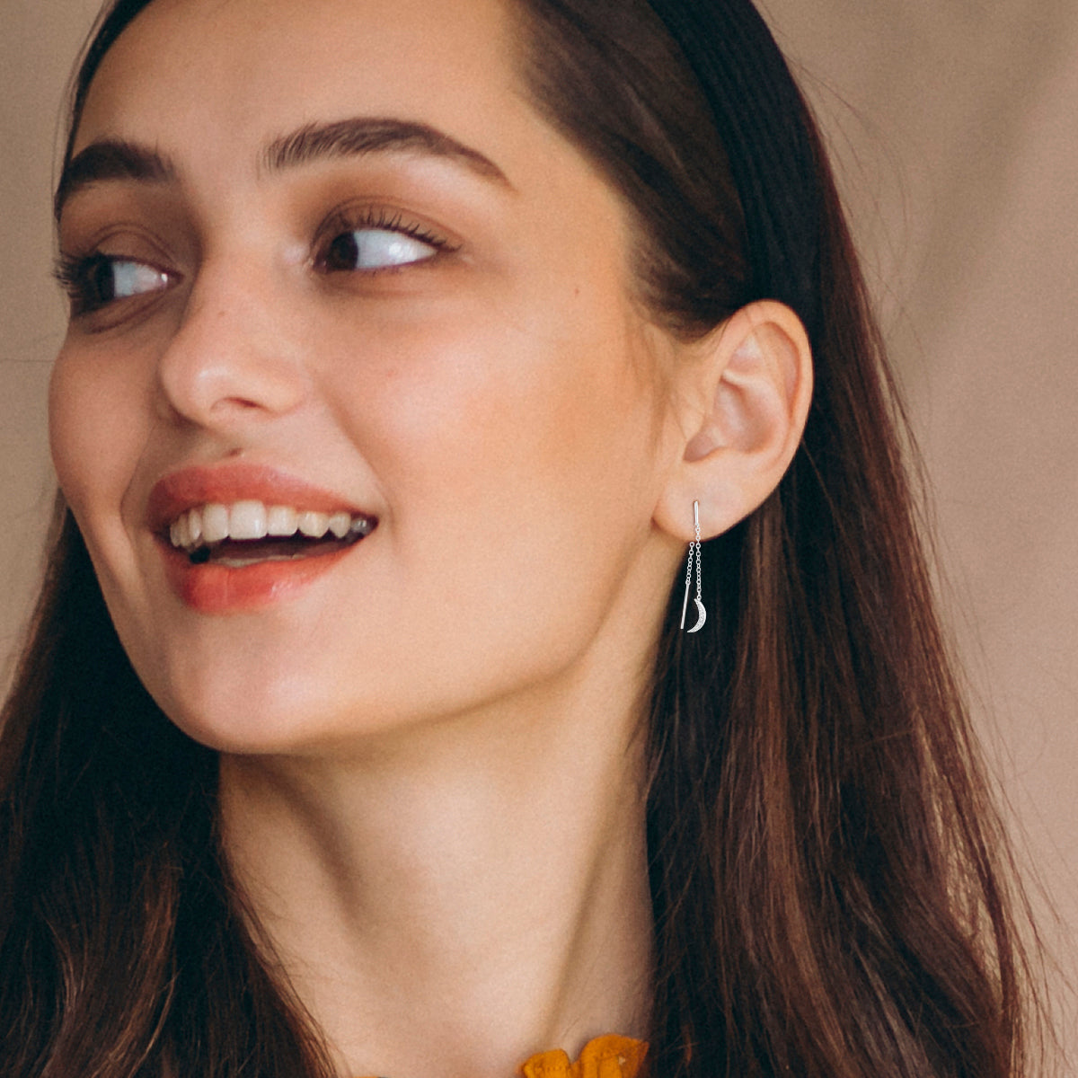 Needle And Thread Earrings With Half Moon Charm In 18k White Gold.