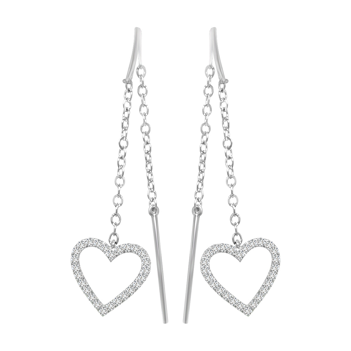 Needle And Thread Earrings with Diamond Heart Charm In 18k White Gold.