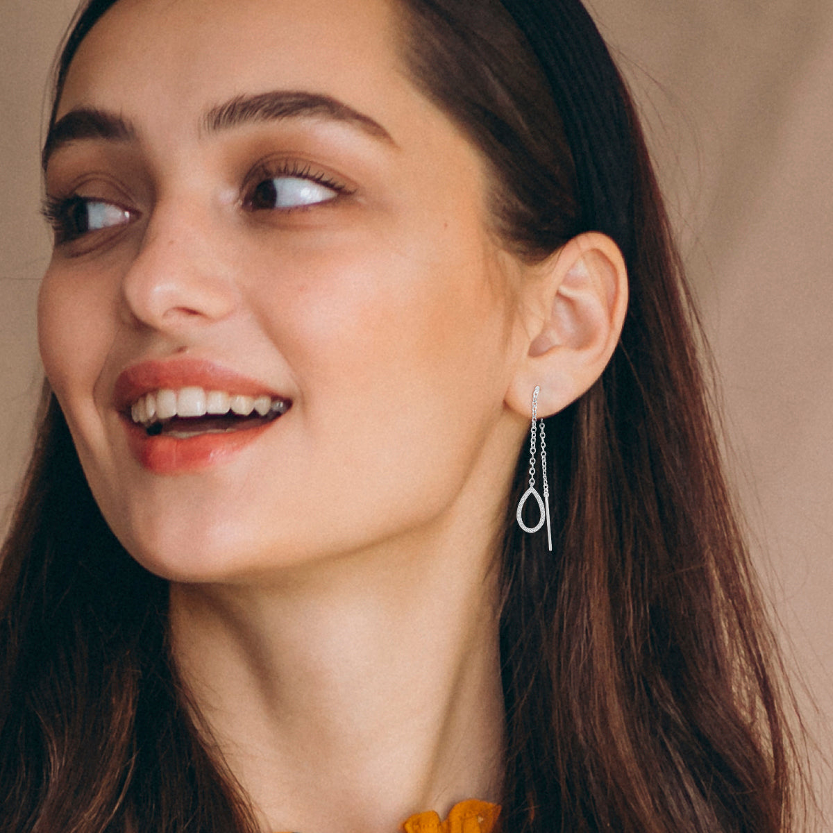 Needle And Thread Earrings With Open Drop Diamond Charms In 18k White Gold.