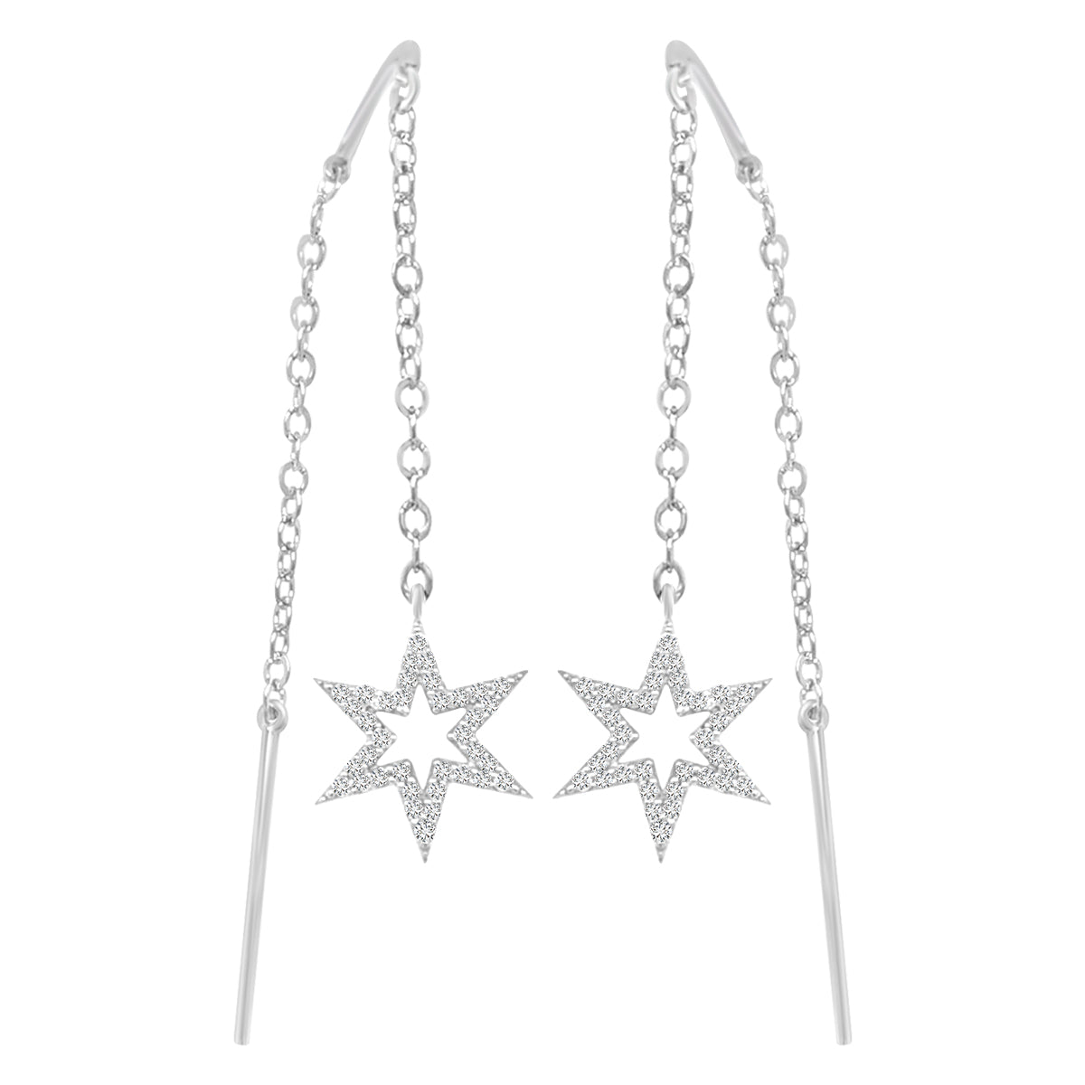 Needle And Thread Earrings With Diamond Open Star In 18k White Gold.