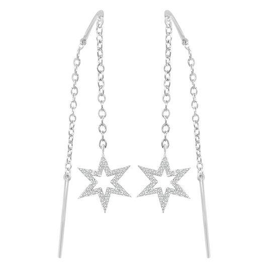 Needle And Thread Earrings With Diamond Open Star In 18k White Gold.