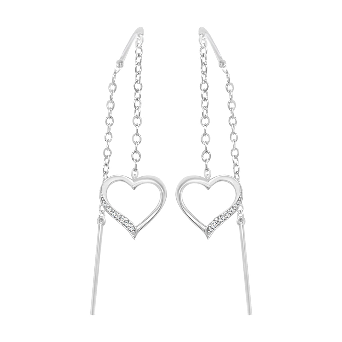 Needle And Thread Earrings With Heart Charms In 18k White Gold.