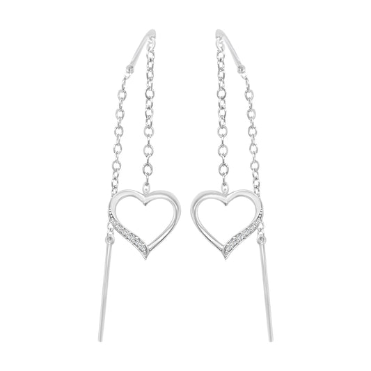Needle And Thread Earrings With Heart Charms In 18k White Gold.