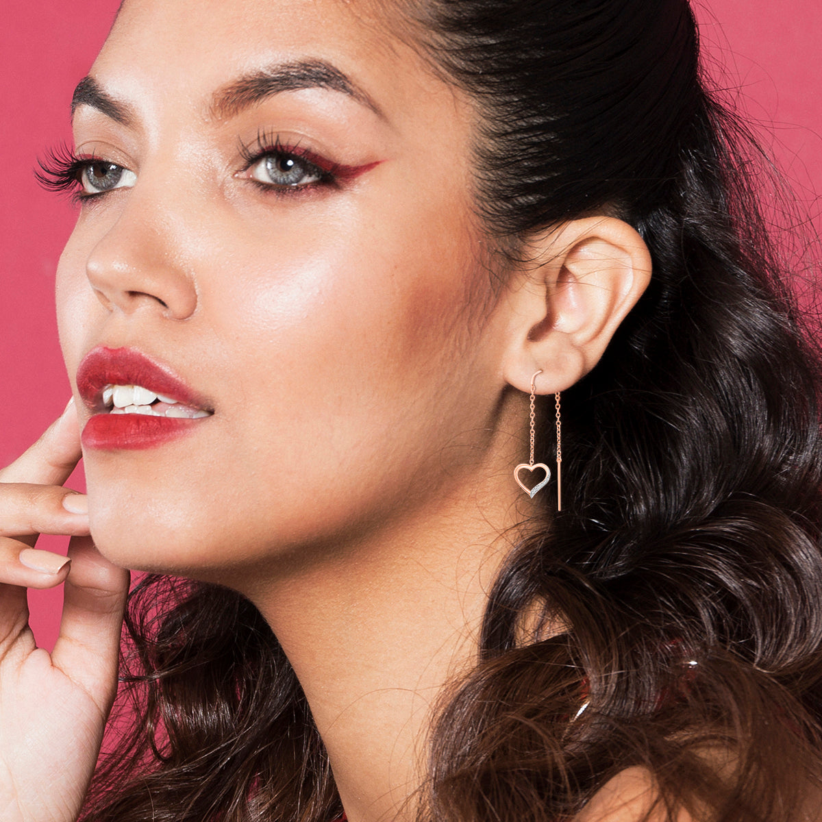 Needle And Thread Earrings With Heart Charm In 18k Rose Gold.