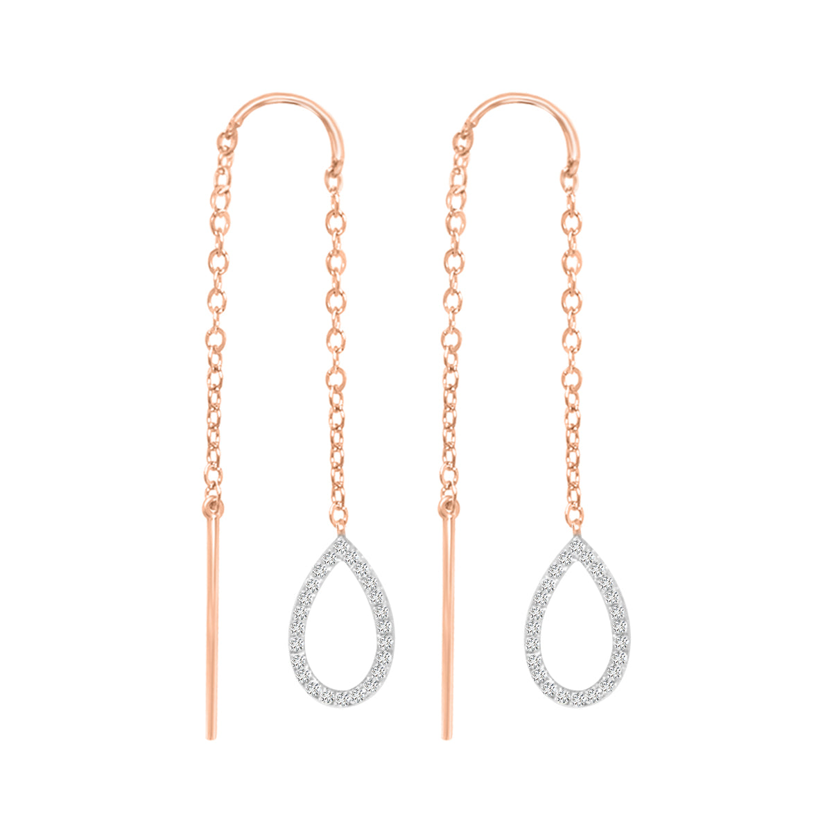 Needle And Thread Earrings With Diamond Drop Shaped Charm In 18k Rose Gold.