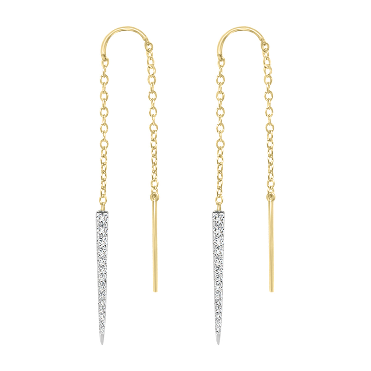 18K gold diamond threader earrings featuring 0.34 carats of pavé-set diamonds in a modern dangle drop design.