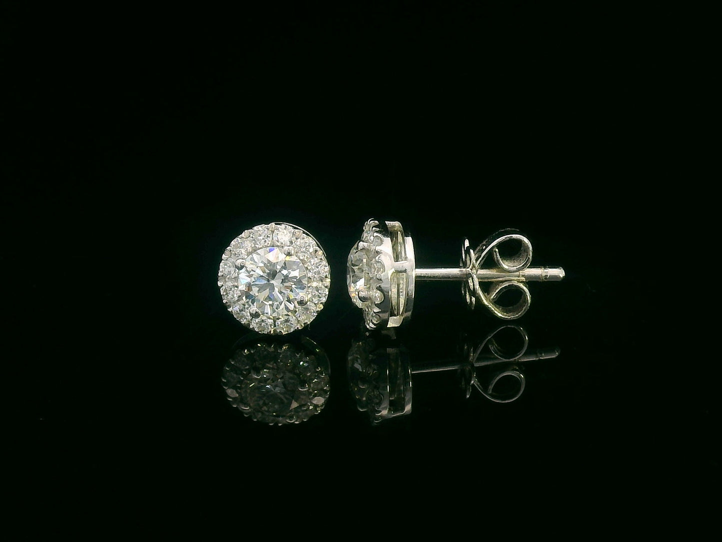 18K Gold Round Cut Diamond Halo Stud Earrings with 0.61 ct center diamonds and 0.26 ct halo diamonds