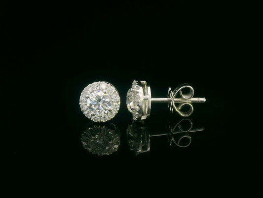 18K Gold Round Cut Diamond Halo Stud Earrings with 0.61 ct center diamonds and 0.26 ct halo diamonds