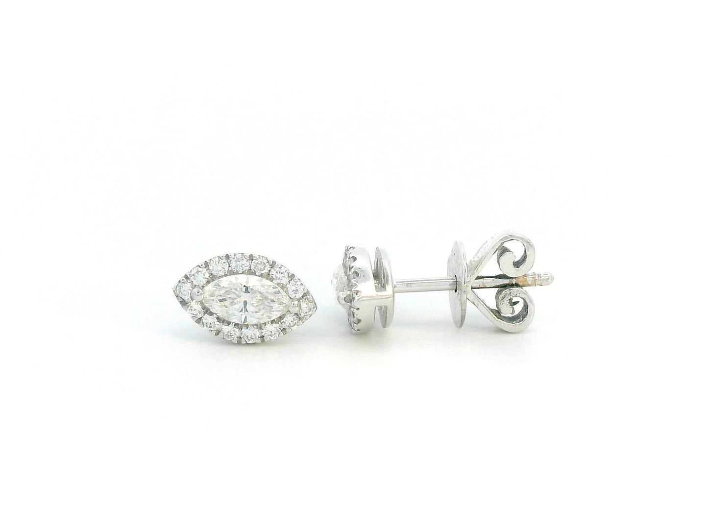 18K gold marquise diamond halo stud earrings with round-cut diamond accents – 0.69 carat total weight