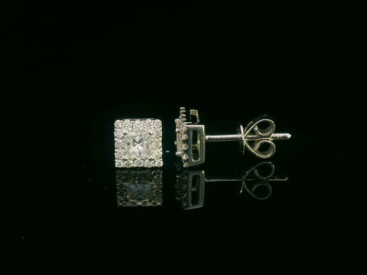 18K Gold Princess Cut Diamond Halo Stud Earrings with 0.38 ct center diamonds and 0.22 ct halo
