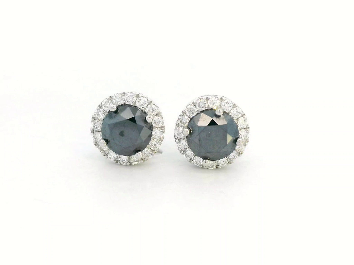 Round black diamond stud earrings with white diamond halo in 18K gold – 1.92ct black + 0.34ct white diamonds
