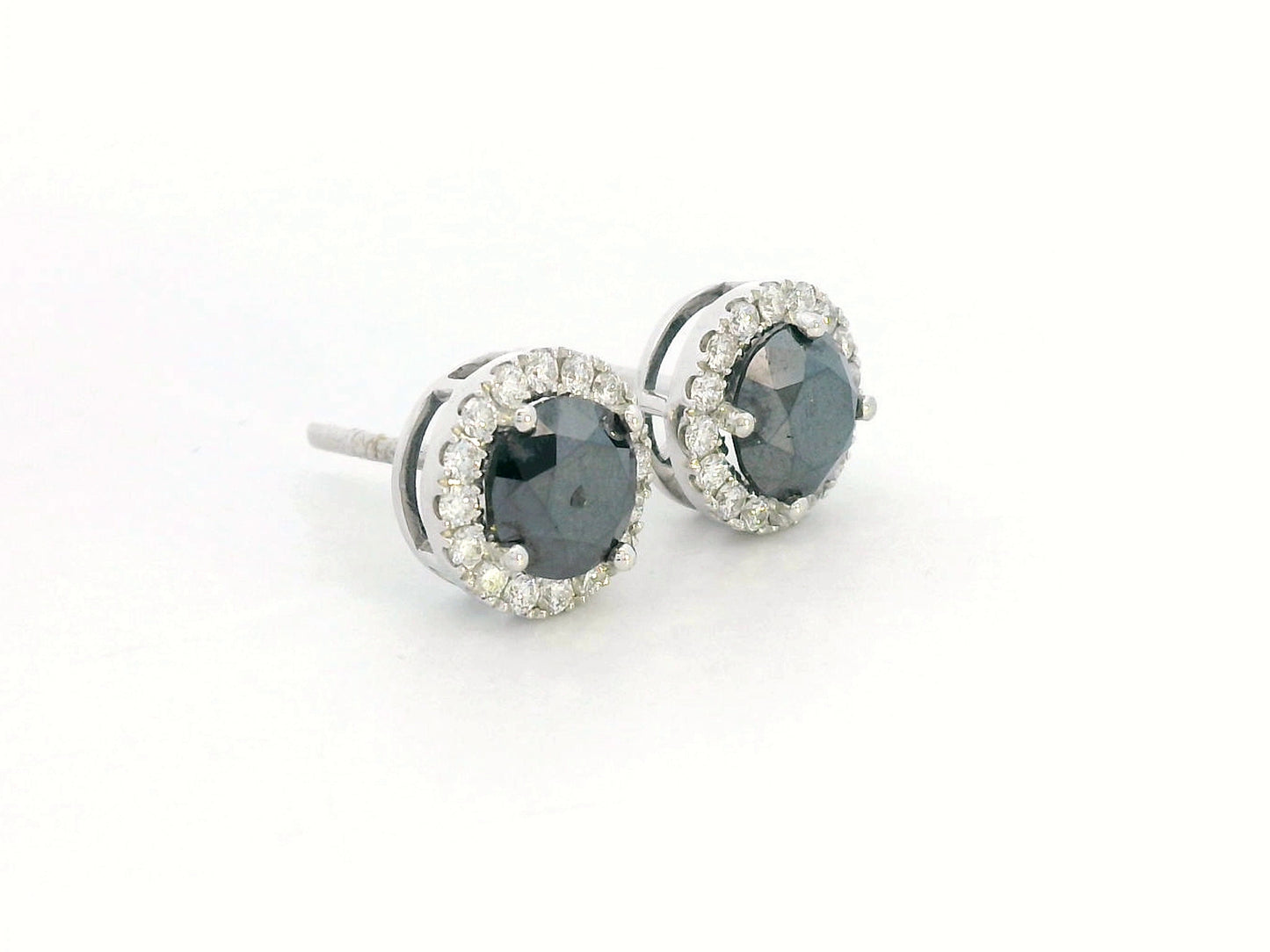 Round black diamond stud earrings with white diamond halo in 18K gold – 1.92ct black + 0.34ct white diamonds