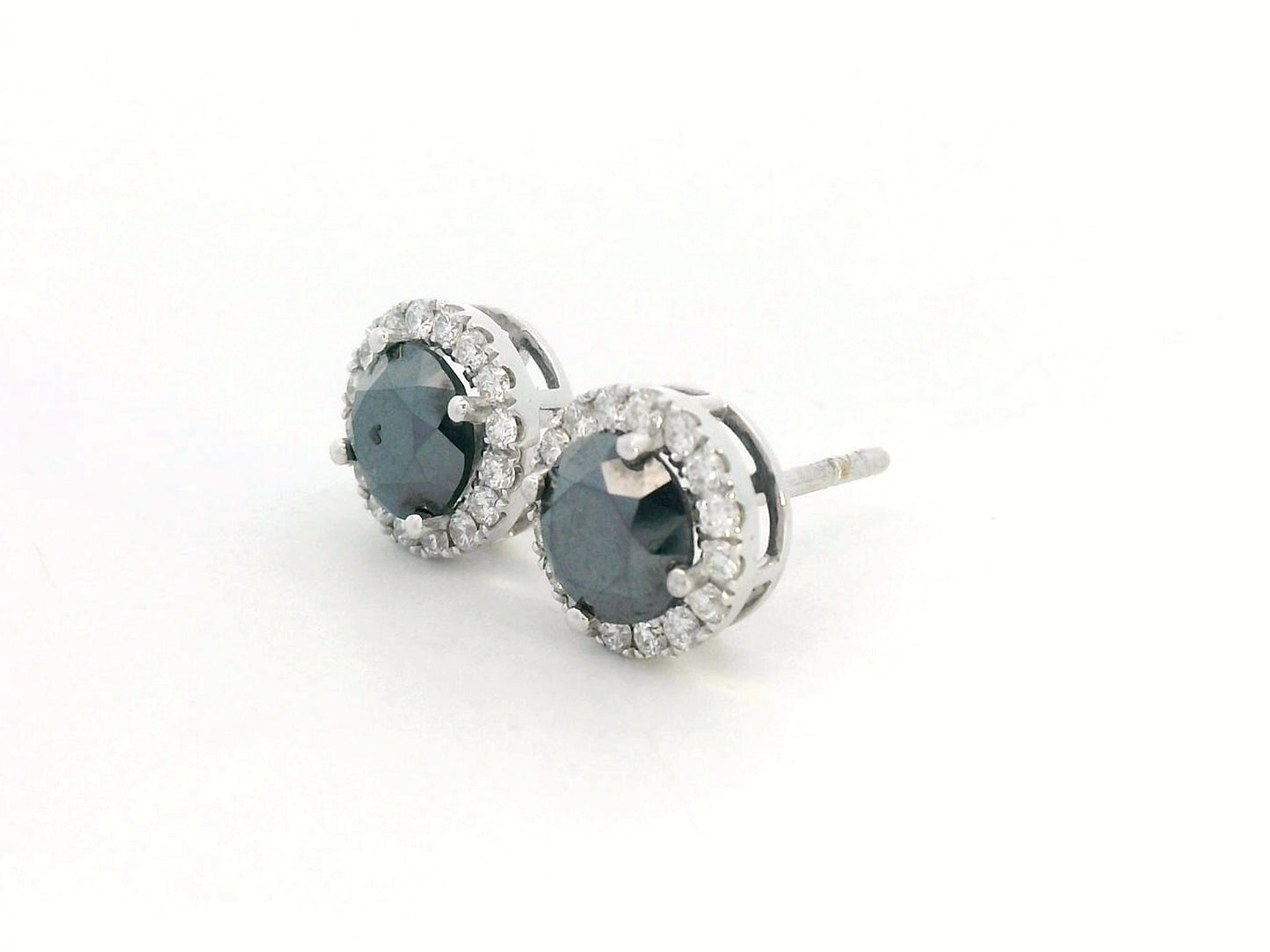 Round black diamond stud earrings with white diamond halo in 18K gold – 1.92ct black + 0.34ct white diamonds