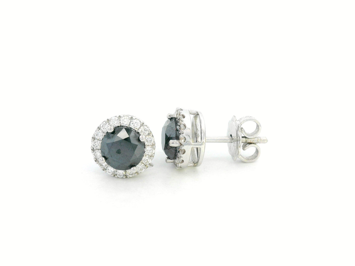 Round black diamond stud earrings with white diamond halo in 18K gold – 1.92ct black + 0.34ct white diamonds