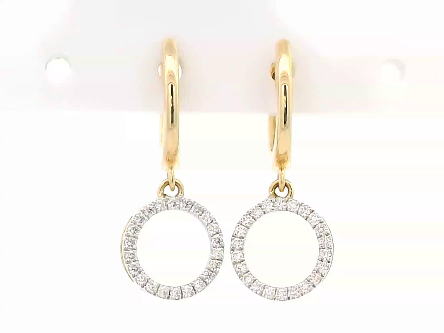 18K gold diamond hoop drop earrings with a circle dangle, featuring 0.20ct brilliant round diamonds, perfect for elegant occasions.